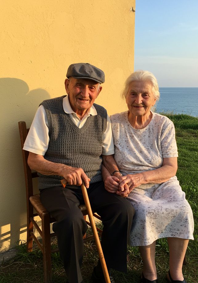 An elderly couple holding hands together by the sea