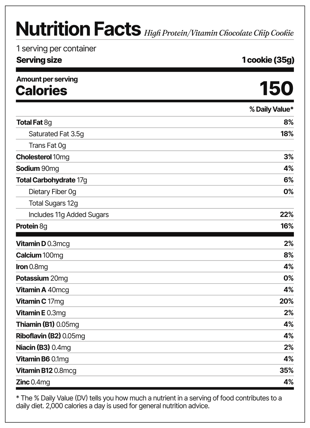 Nutrition facts, high protein vitamin chocolate chip cookie